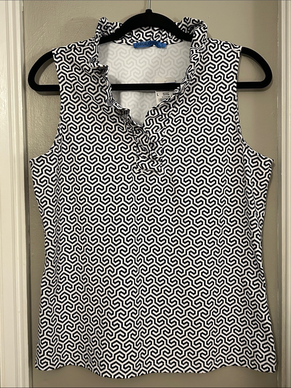 J. Mclaughlin Durham Ruffle Top Blouse Navy Honeycomb Sz Lg NWT Sleeveless $148
